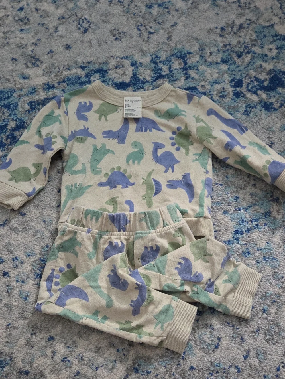 First Impressions Cream Pajama Set with Blue & Green Dinosaurs